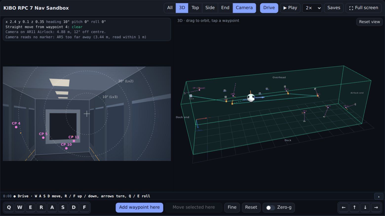 The KIBO RPC 7 Nav Sandbox in Drive mode: the robot camera looking down the Kibo module on the left, and a 3D view of the module, the robot and its route on the right